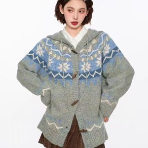 复古费尔岛提花毛衣开衫女翻领牛角扣外套设计感针织上衣M5831P75，女装针织衫/毛衣，星座1013-2