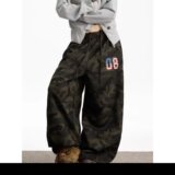 美式高街阔腿迷彩牛仔裤女高腰垂感显瘦宽松直筒拖地裤K8107P55，女装休闲裤，星座1013-2