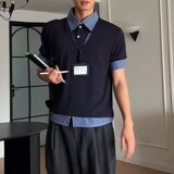 美式假两件格纹POLO短袖女男夏复古学院风宽松休闲百搭T恤T02P38，男装Polo衫，星座1013-2