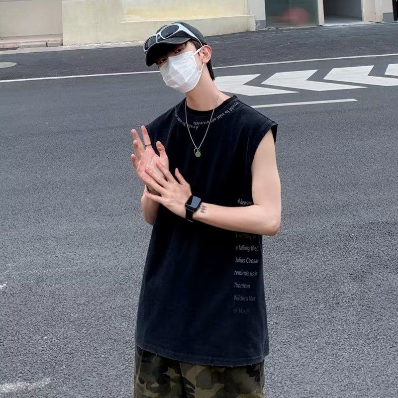 夏季汗背心潮流男款背心潮圆领气质青春流行套头休闲破洞 B02P28图片