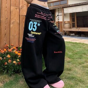 复古彩色字母标语阔腿长女春季宽松街头休闲直筒拖地卫裤K8139P45图片