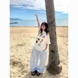 蓝色条纹阔腿裤女夏天褶皱松紧腰显瘦慵懒宽松直筒休闲裤K8128P55，女装休闲裤，星座1013-3