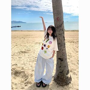 蓝色条纹阔腿裤女夏天褶皱松紧腰显瘦慵懒宽松直筒休闲裤K8128P55图片