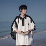 短袖t恤男polo衫夏季装美式复古拼色潮流宽松休闲半拉链T350P35，男装Polo衫，星座1013-2
