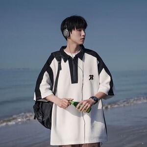 短袖t恤男polo衫夏季装美式复古拼色潮流宽松休闲半拉链 T350P35,男装Polo衫,星座1013-2