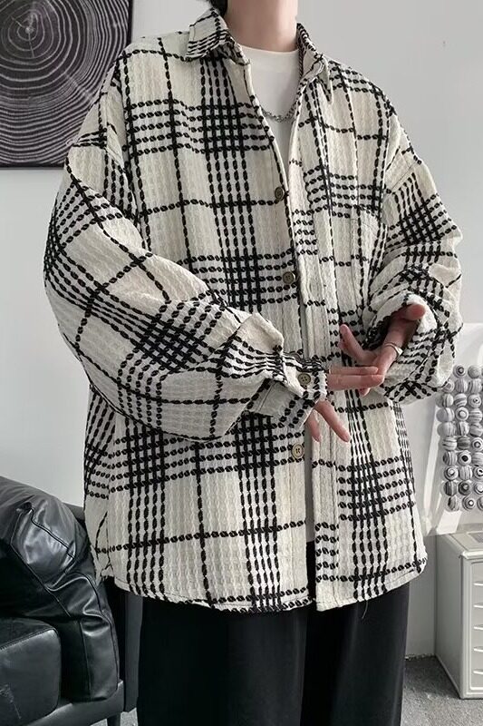 黑白格子小香风外套男秋冬款潮牌痞帅感男装oversize夹克F371P60,男装衬衫,星座1013-2