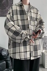 黑白格子小香风外套男秋冬款潮牌痞帅感男装oversize夹克 F371P60图片