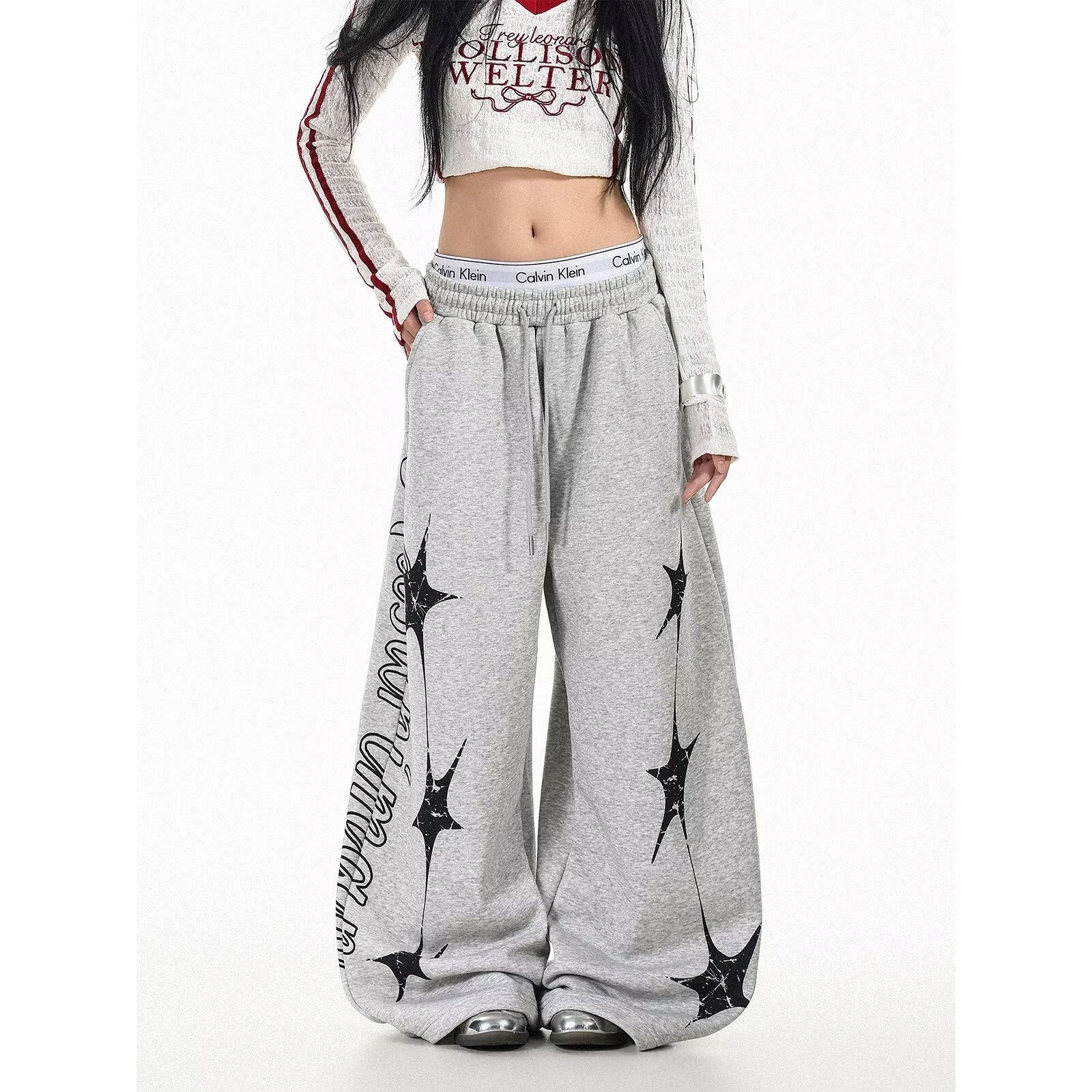 慵懒风星星印花弯刀卫裤女设计感小众宽松阔腿爵士舞裤子K8108P50，女装休闲裤，星座1013-2