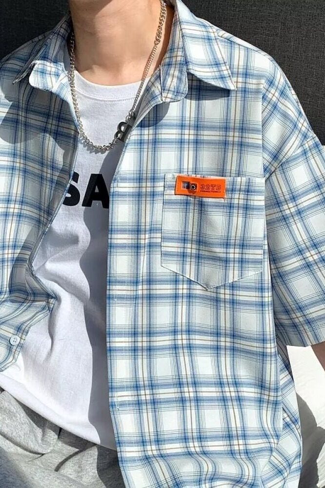 短袖衬衫男高级感夏季薄款潮流日系风男装外套格子衬衣C453P38,男装衬衫,星座1013-2