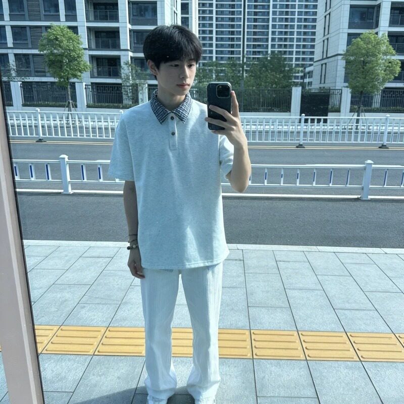 翻领POLO衫短袖男夏季千鸟格拼接少年感学生宽松休闲T恤T387P30,男装T恤,星座1013-2