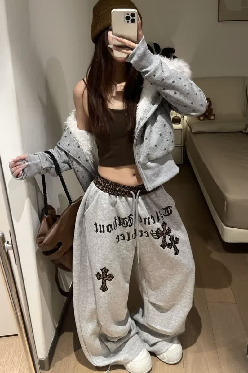 美式复古休闲裤女春秋季款宽松显瘦百搭直筒阔腿运动裤潮K8116P48,男装休闲裤,星座1013-2