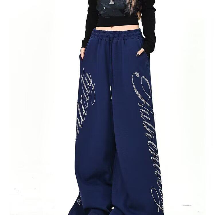 美式复古街头烫钻哥特字母卫裤秋季女宽松直筒休闲阔腿裤K8115P55，女装休闲裤，星座1013-2