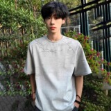 美式荆棘刺绣短袖T恤男夏季灰色拼接设计感重磅正肩上衣T802P28，男装T恤，星座1013-2