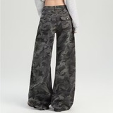 复古高街迷彩百搭辣妹小众阔腿裤女高腰显瘦直筒休闲裤潮NK720P50，女装牛仔裤，星座1013-2