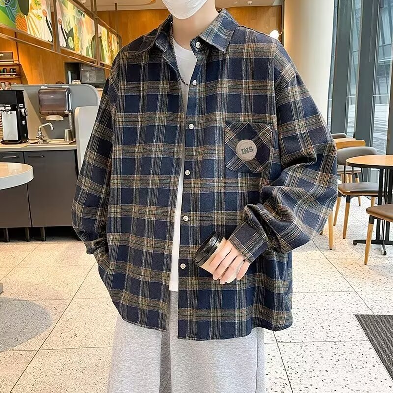 复古格子衬衫男女秋季款宽松长袖衬衣情侣格纹外套ins潮流CS51P38图片