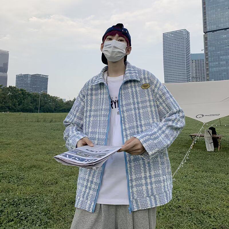 港风毛呢外套男士青少年秋款休闲格子潮流上衣宽松夹克 JK712P75图片