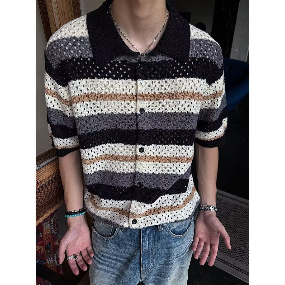 镂空条纹设计感针织短袖开衫男女夏季新贵老钱风正肩上衣T635P48,男装针织衫/毛衣,星座1013-2