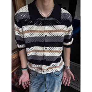 镂空条纹设计感针织短袖开衫男女夏季新贵老钱风正肩上衣T635P48图片