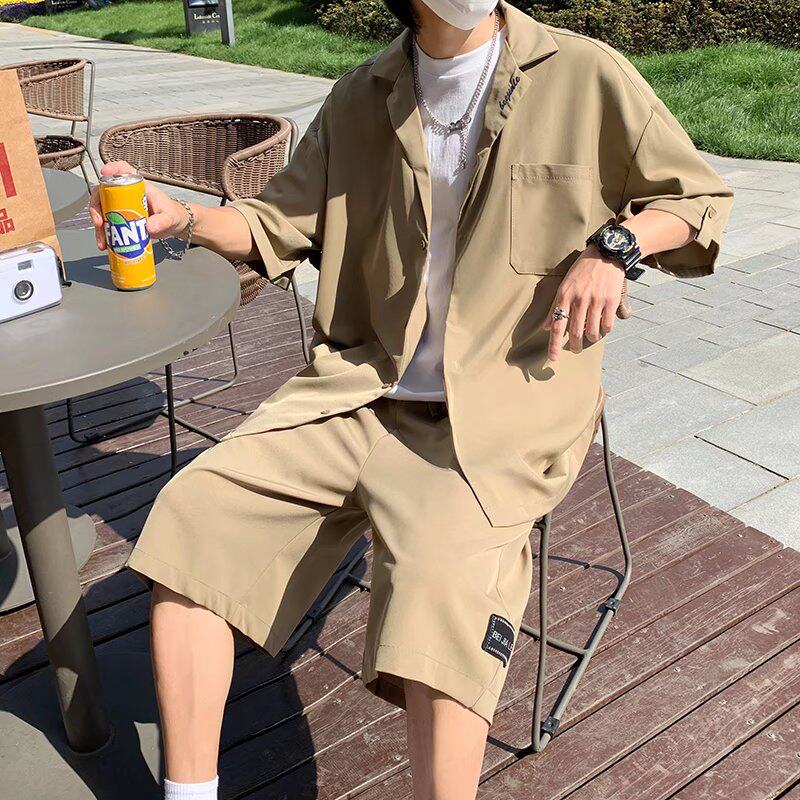 夏款男士青少年港风运动套装短袖衬衫短裤休闲时尚两件套A52P55,男装休闲套装,星座1013-2