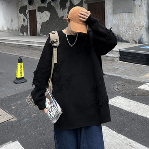 秋款男士青少年港风个性毛衣宽松外套破洞中长款针织衫潮M14