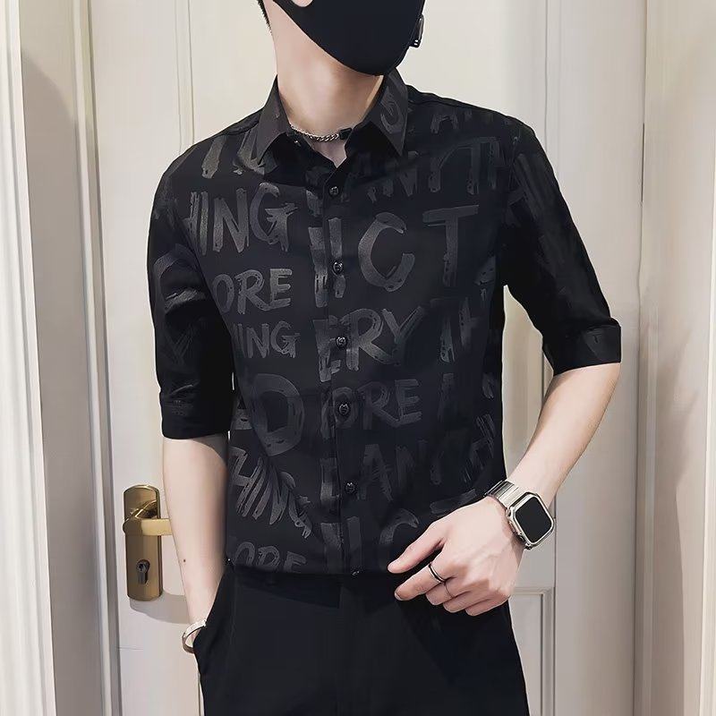 高级感衬衫男士短袖夏季半袖衬衣潮流痞帅男装五分袖寸衫C414P40,男装衬衫,星座1013-2