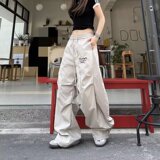 美式复古香蕉弯刀裤感褶皱伞兵工装裤男女阔腿宽松长裤K8017P45，女装休闲裤，星座1013-2