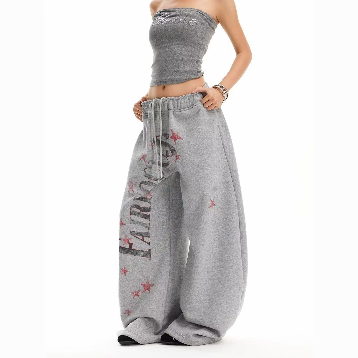 阔腿时尚休闲裤女春秋新款高腰抽绳设计感显瘦直筒拖地裤K8098P45，女装休闲裤，星座1013-2