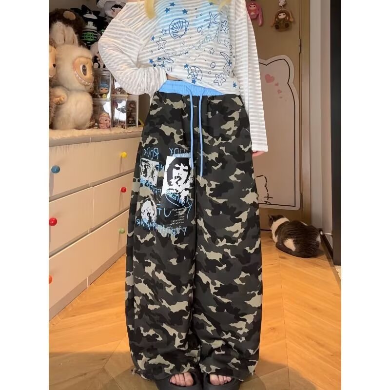 设计感解构多口袋迷彩弯刀工装裤男女阔腿拖地休闲裤潮K8158P50,女装休闲裤,星座1013-3