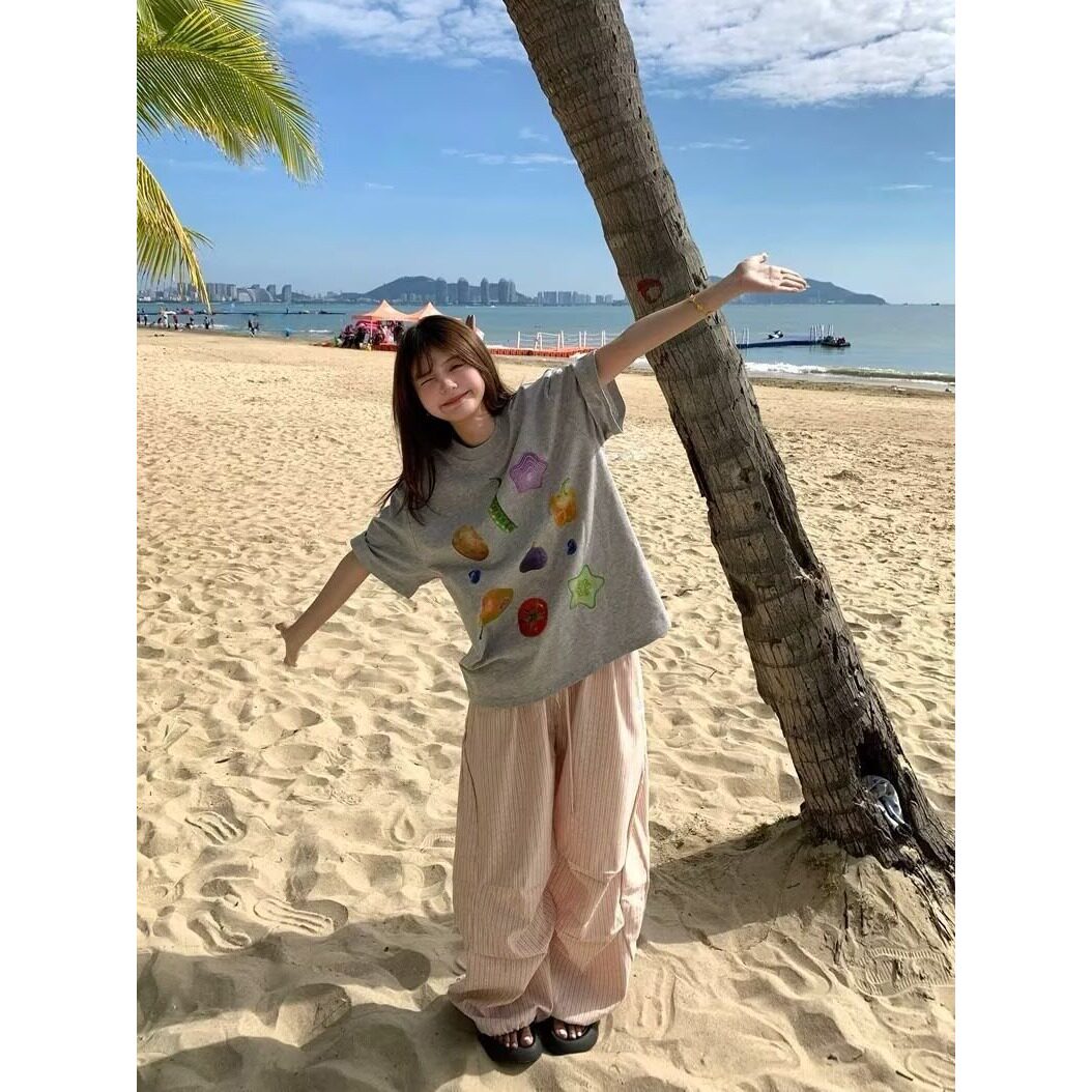 蓝色条纹阔腿裤女夏天褶皱松紧腰显瘦慵懒宽松直筒休闲裤K8128P55,女装休闲裤,星座1013-3
