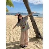 蓝色条纹阔腿裤女夏天褶皱松紧腰显瘦慵懒宽松直筒休闲裤K8128P55，女装休闲裤，星座1013-3