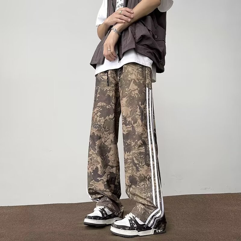 高街裤子设计感高级三条杠迷彩工装裤男款夏季休闲直筒裤K616P45，女装牛仔裤，星座1013-2