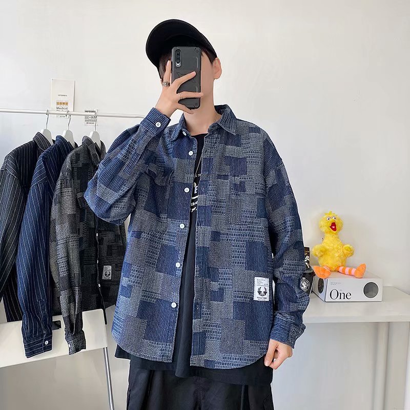 Spring Hong Kong Style Plaid denim shirt men's long sleeve shirt trend casual handsome loose jacket