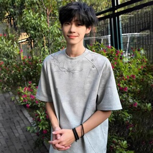 美式荆棘刺绣短袖T恤男夏季灰色拼接设计感重磅正肩上衣T802P28图片