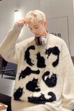 复古设计感猫咪圆领毛衣男秋冬季情侣小众软糯百搭针织衫M5718P58，男装针织衫/毛衣，星座1013-2