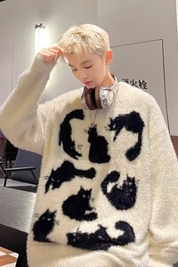 复古设计感猫咪圆领毛衣男秋冬季情侣小众软糯百搭针织衫M5718P58图片