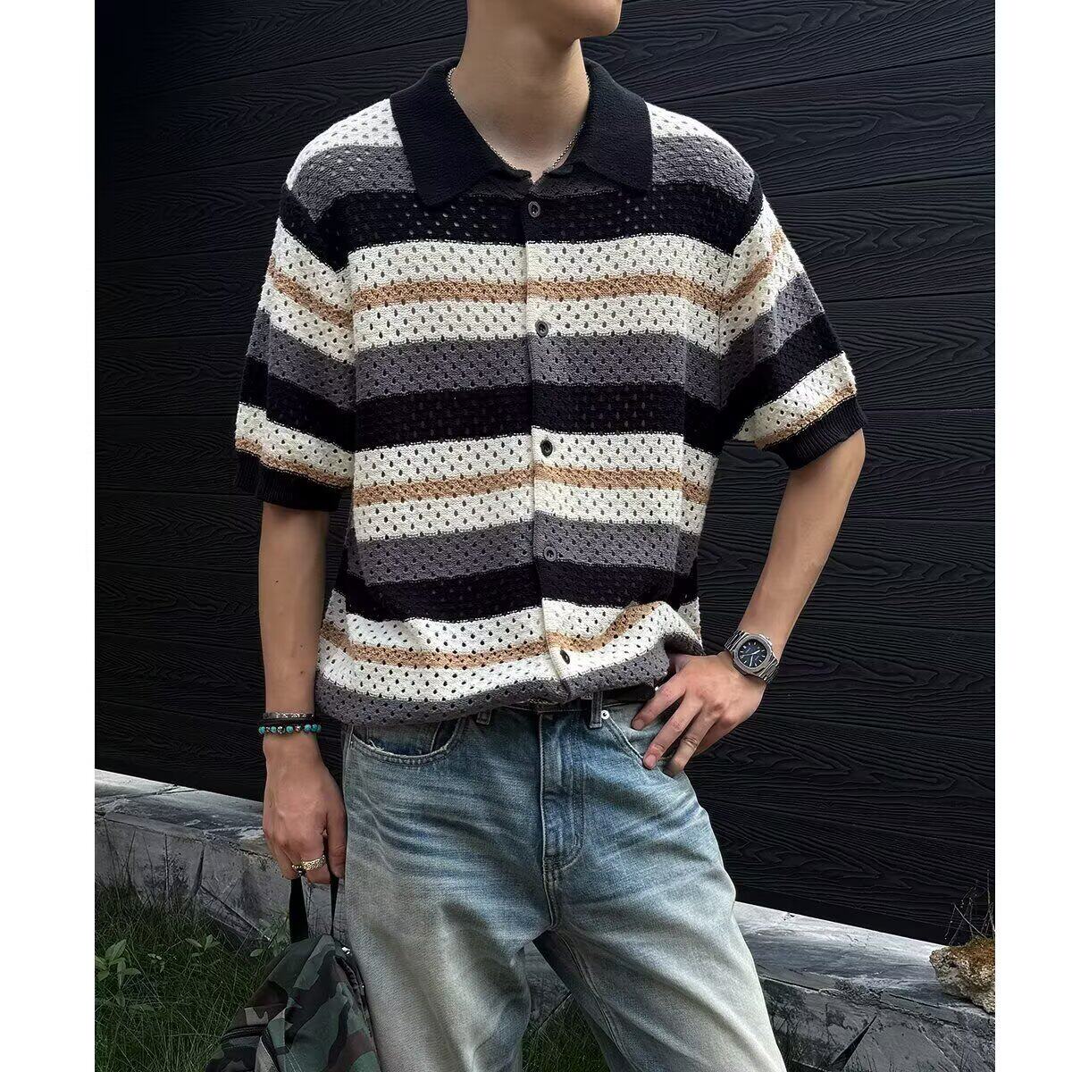 镂空条纹设计感针织短袖开衫男女夏季新贵老钱风正肩上衣T635P48，男装针织衫/毛衣，星座1013-2