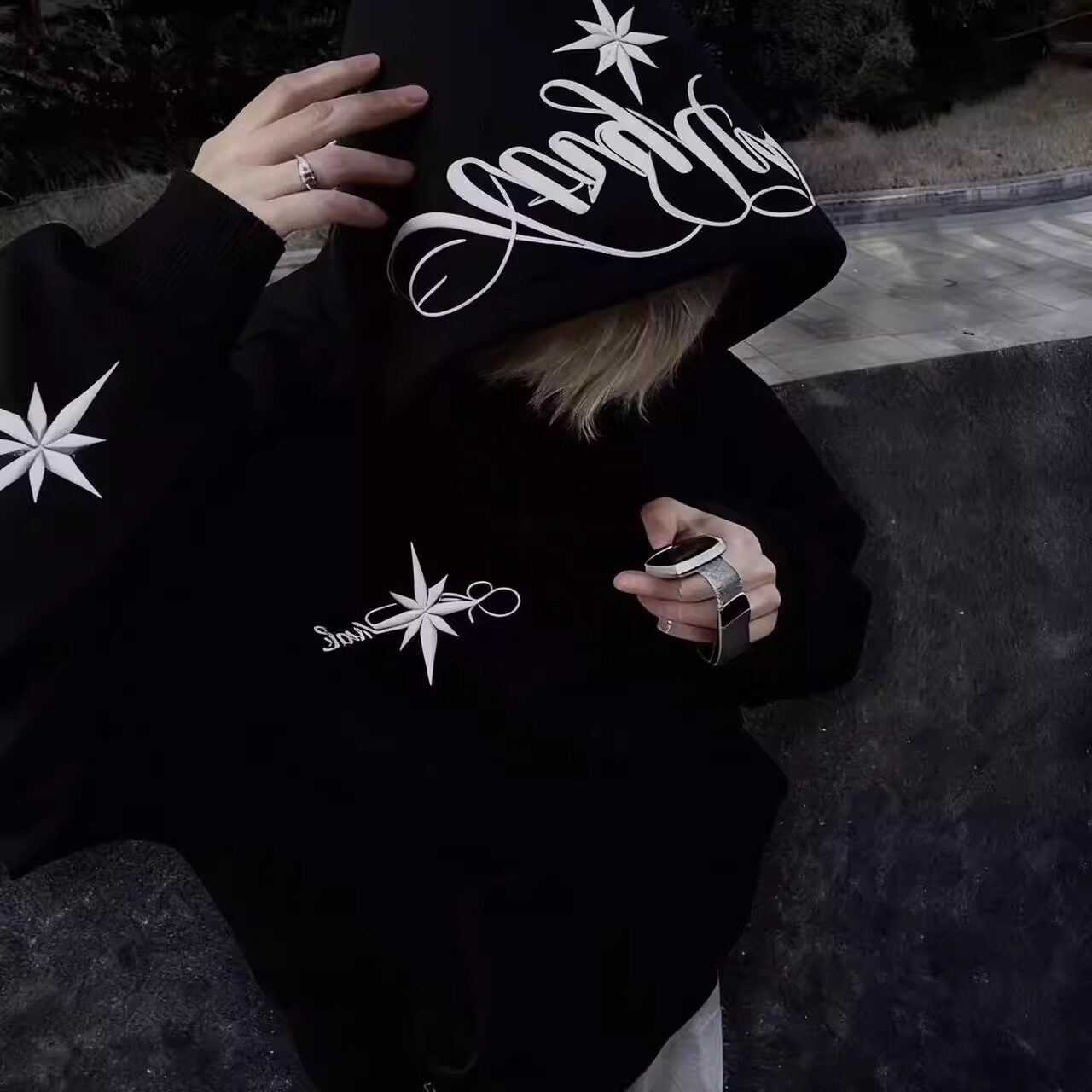 高街北极星星字母刺绣连帽卫衣男秋冬季重磅纯棉帽衫上衣W314P45,男装卫衣,星座1013-2