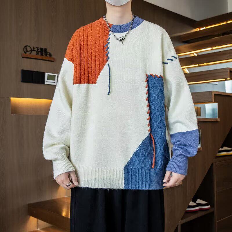 拼接撞色毛衣男冬季美式休闲个性针织衫宽松慵懒风毛线衣M300P55，男装针织衫/毛衣，星座1013-2
