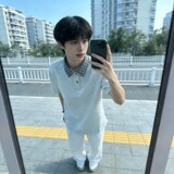 翻领POLO衫短袖男夏季千鸟格拼接少年感学生宽松休闲T恤T387P30，男装T恤，星座1013-2