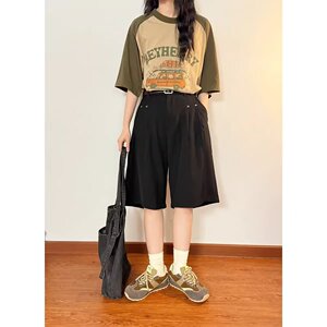 短裤男夏季日系复古垂坠感休闲中裤松紧腰宽松西装五分裤DK359P40图片