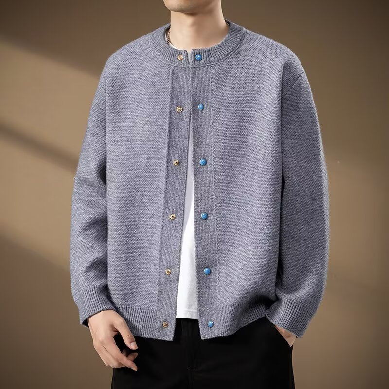 秋季新款棒球领粗针开衫纯色宽松休闲慵懒感毛衣外套男女M337P78，男装针织衫/毛衣，星座1013-2