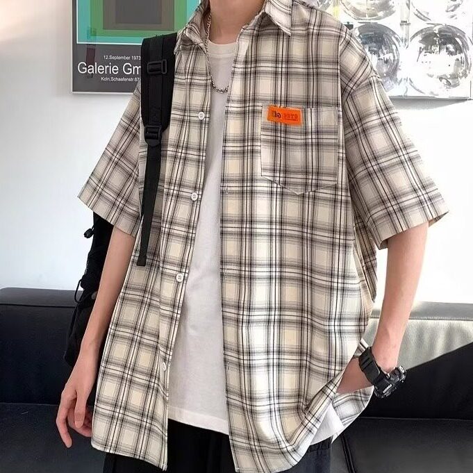 短袖衬衫男高级感夏季薄款潮流日系风男装外套格子衬衣C453P38,男装衬衫,星座1013-2