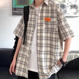 短袖衬衫男高级感夏季薄款潮流日系风男装外套格子衬衣C453P38，男装衬衫，星座1013-2