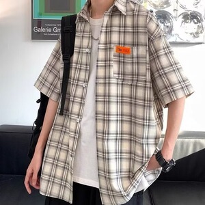 短袖衬衫男高级感夏季薄款潮流日系风男装外套格子衬衣C453P38图片