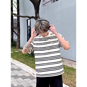 潮牌条纹短袖T恤男女宽松重磅夏季美式休闲情侣款半袖体恤T880P25图片