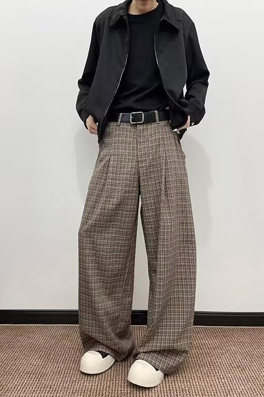 阔腿裤男女直筒长裤秋冬松紧腰百搭休闲裤显瘦薄款格子裤K337P55图片