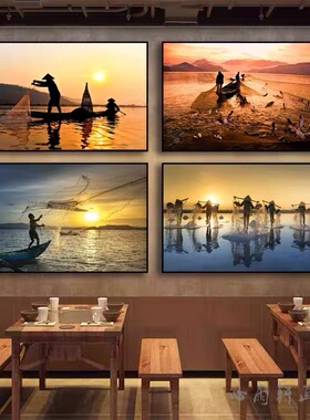 渔民捕鱼装饰画海鲜餐厅海边日落黄昏风景挂画饭店酒楼火锅店壁画
