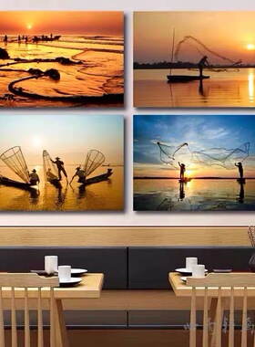 渔民捕鱼装饰画海鲜餐厅海边日落黄昏风景挂画饭店酒楼火锅店壁画