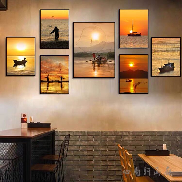 海鲜餐厅装饰画酒楼火锅店日出东方挂画饭店餐馆渔船渔民捕鱼壁画