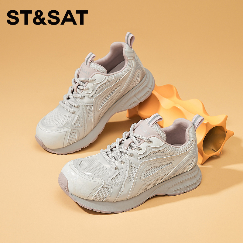 星期六明星同款小怪兽老爹鞋女新款网面透气真皮百搭厚底休闲鞋子